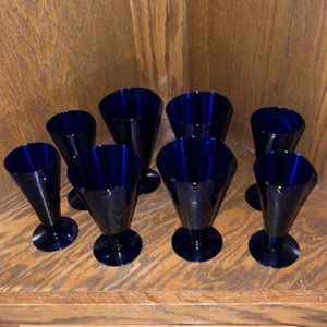 MCM Williamsburg Hand Blown Cobalt Blue Footed Liquor Glasses. Set of 8.